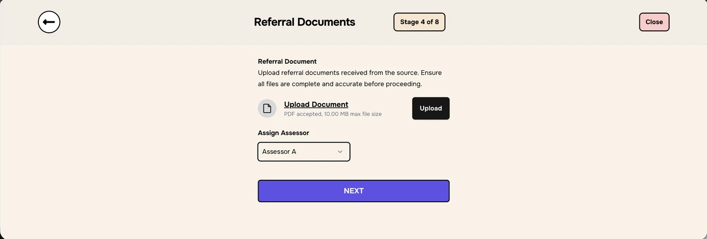 Stage 4 of 8 Referral Documents with Upload Document and Assign Assessor
