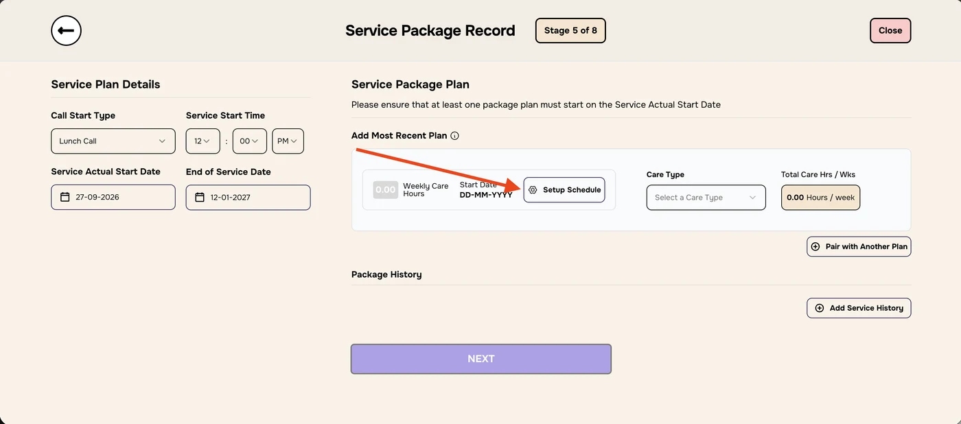 Stage 5 of 8 Service Package Record with Service Plan Details filled in and an arrow to Setup Schedule
