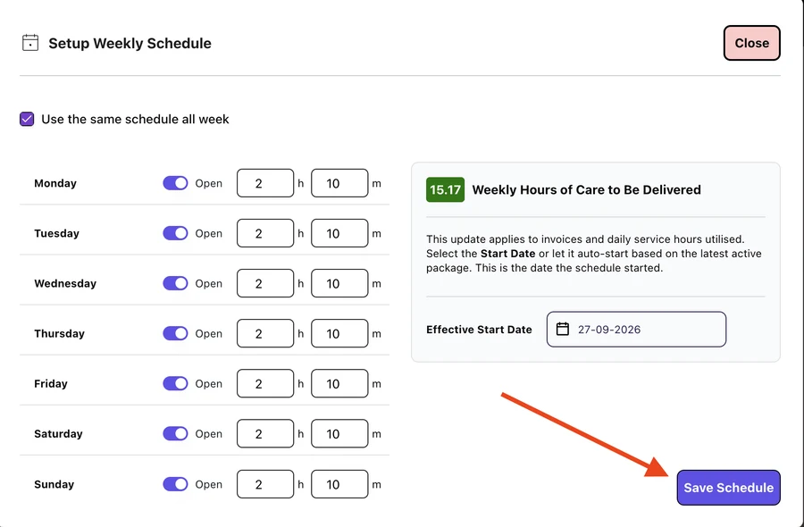 Setup Weekly Schedule with 2h 10m every day, 15.17 weekly hours, an Effective Start Date and a Save Schedule button
