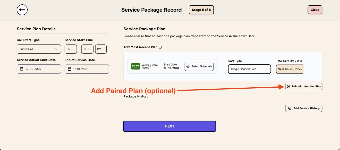 Stage 5 with 15.17 weekly hours, Single Handed Care, and an arrow labelled Add Paired Plan (optional) pointing to Pair with Another Plan