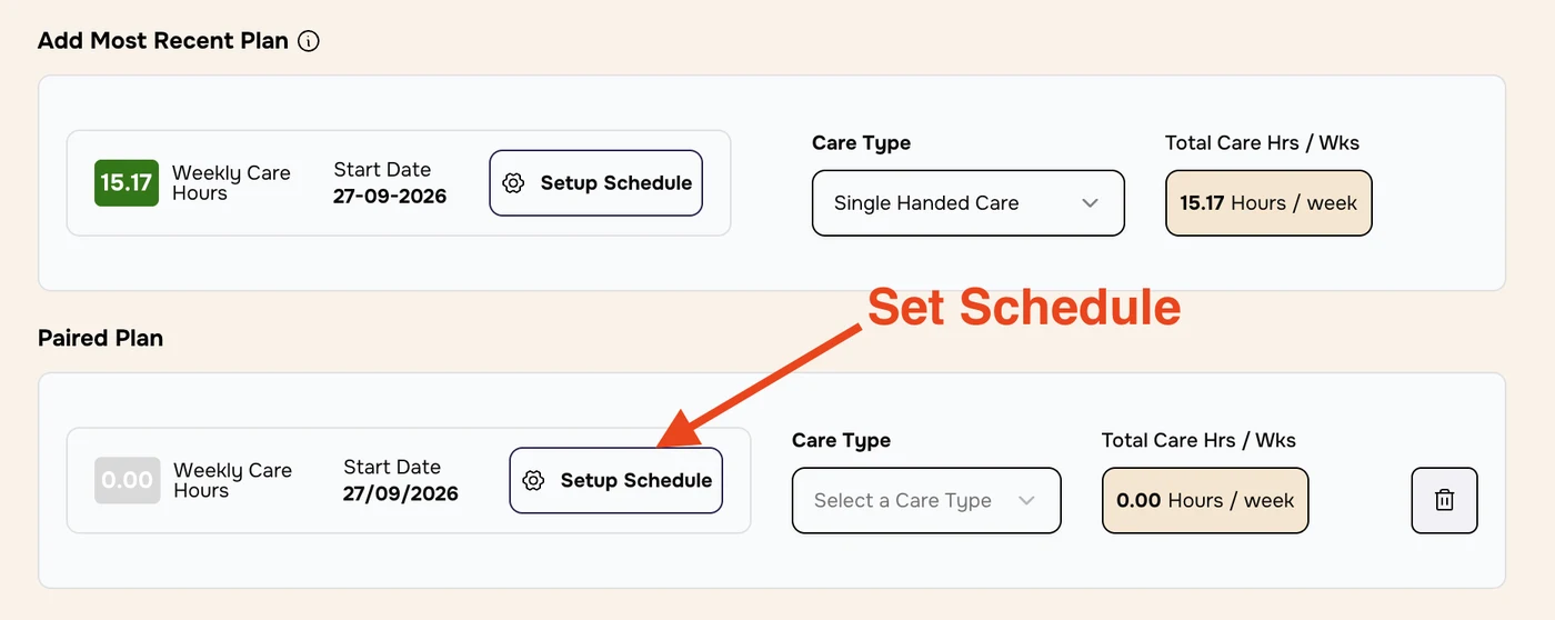 Paired Plan at 0.00 hours with an arrow to its Setup Schedule button