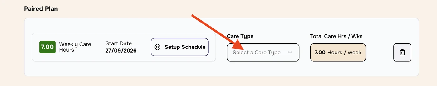 Paired Plan at 7.00 hours with an arrow to Select a Care Type