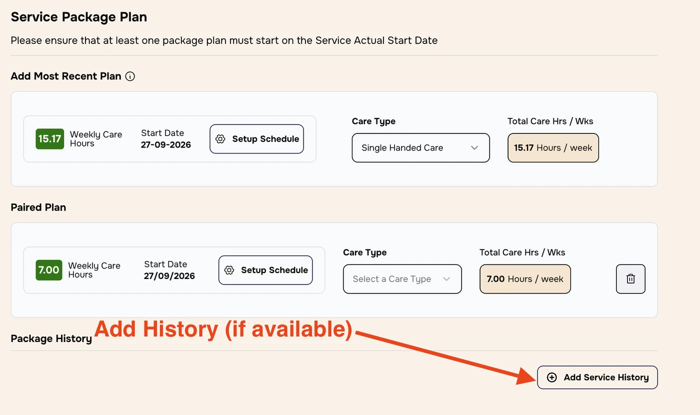 Most recent plan and paired plan, with an arrow labelled Add History (if available) pointing to Add Service History