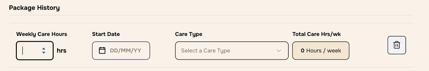 Package History row with Weekly Care Hours, Start Date, Care Type, Total Care Hrs per week and a bin icon