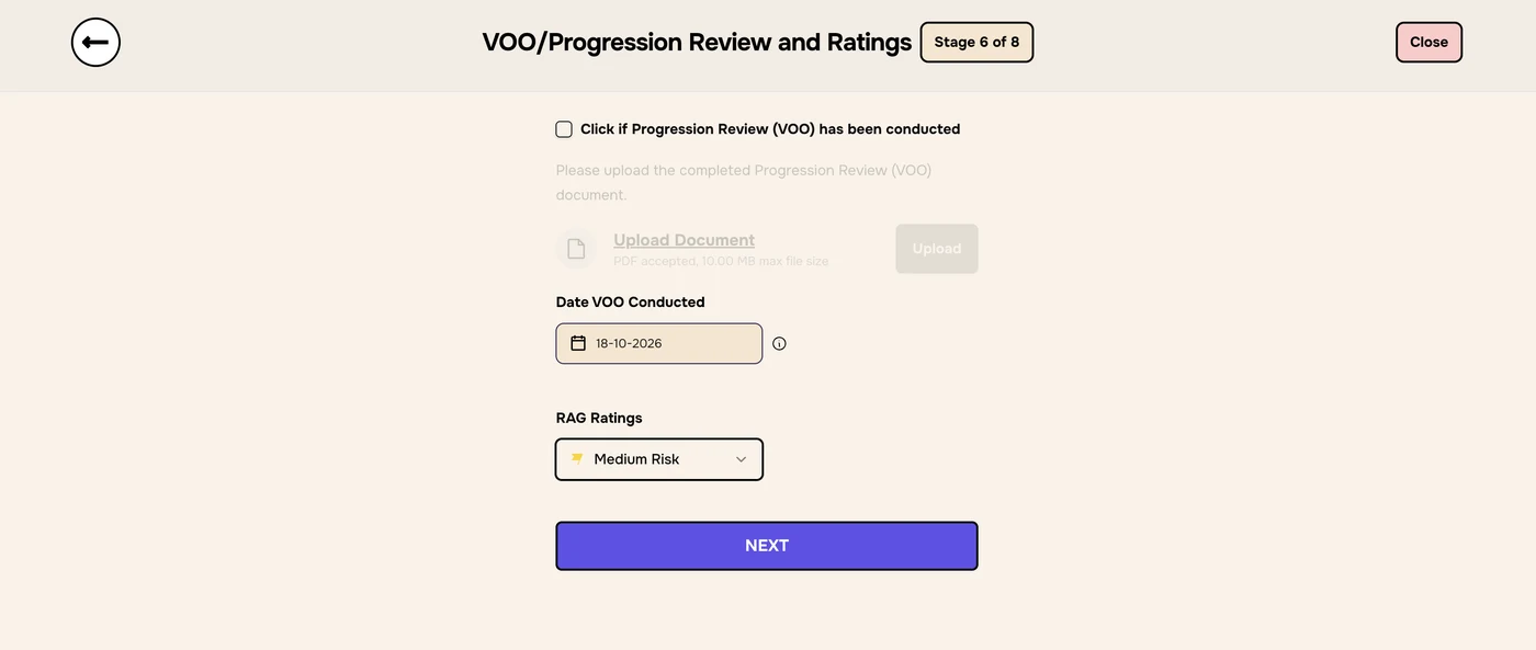 Stage 6 of 8 with the VOO conducted tick box, Date VOO Conducted 18-10-2026 and RAG Ratings set to Medium Risk
