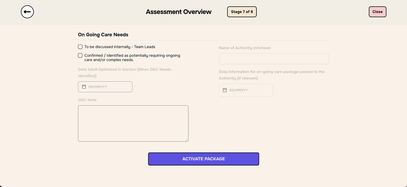 Stage 7 of 8 Assessment Overview with On Going Care Needs and an ACTIVATE PACKAGE button