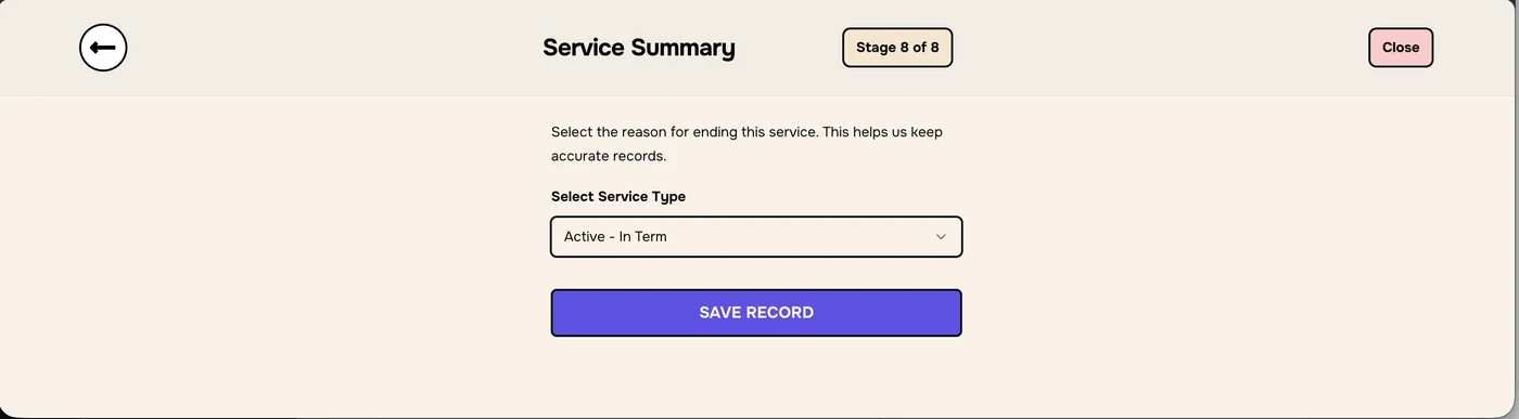 Service Summary with Active - In Term selected and a SAVE RECORD button