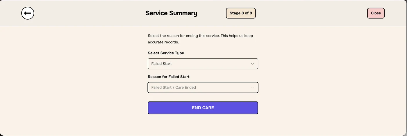 Service Summary with Failed Start selected and a Reason for Failed Start menu