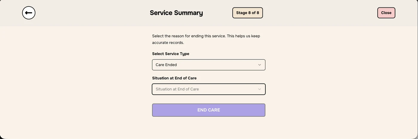 Service Summary with Care Ended selected; END CARE is greyed out until a situation is chosen