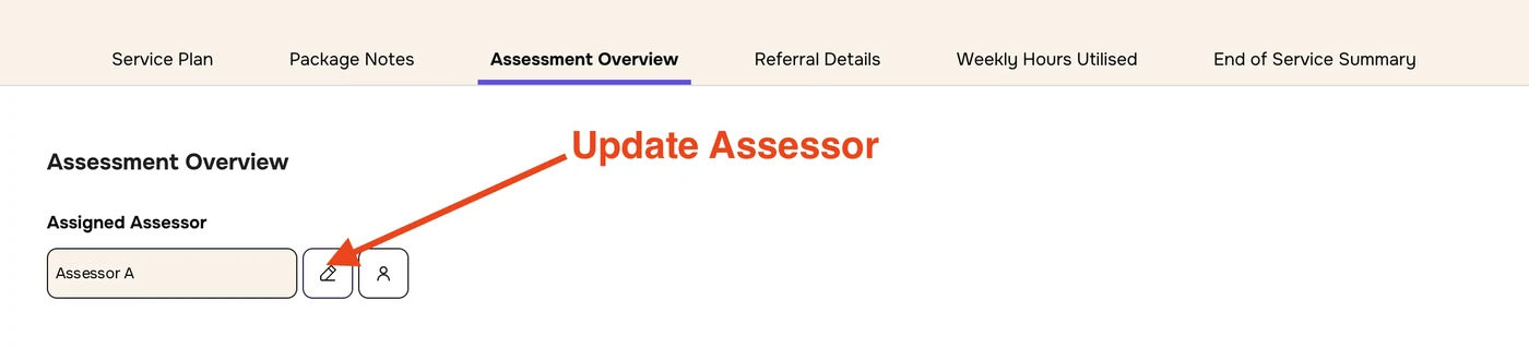 Assigned Assessor with an arrow labelled Update Assessor pointing to the pencil icon