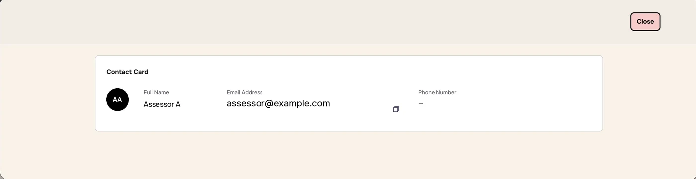 Contact Card with full name, email address with a copy icon, and phone number