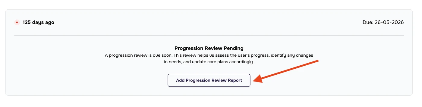 Progression Review Pending, 125 days ago, due 26-05-2026, with an arrow to Add Progression Review Report