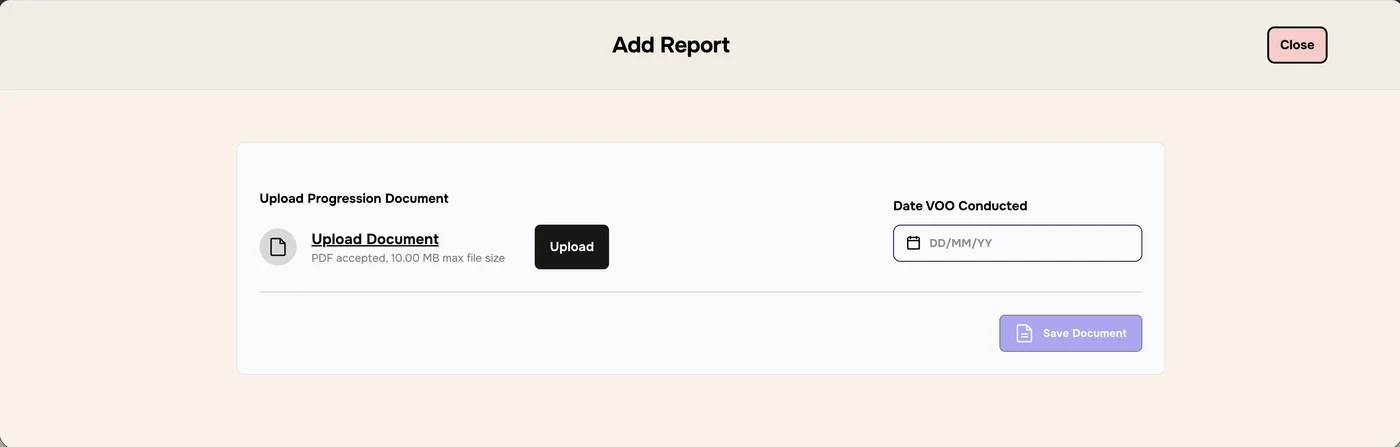 Add Report window with Upload Document, an empty Date VOO Conducted field and a greyed-out Save Document button