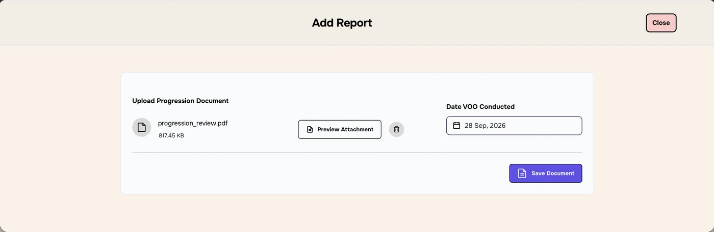 Add Report window with an uploaded PDF, Preview Attachment, a bin icon, Date VOO Conducted 28 Sep 2026 and Save Document