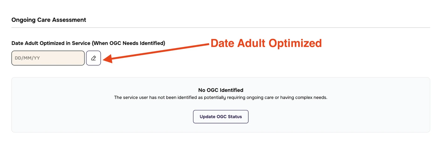 Ongoing Care Assessment with an arrow labelled Date Adult Optimized pointing to the pencil icon