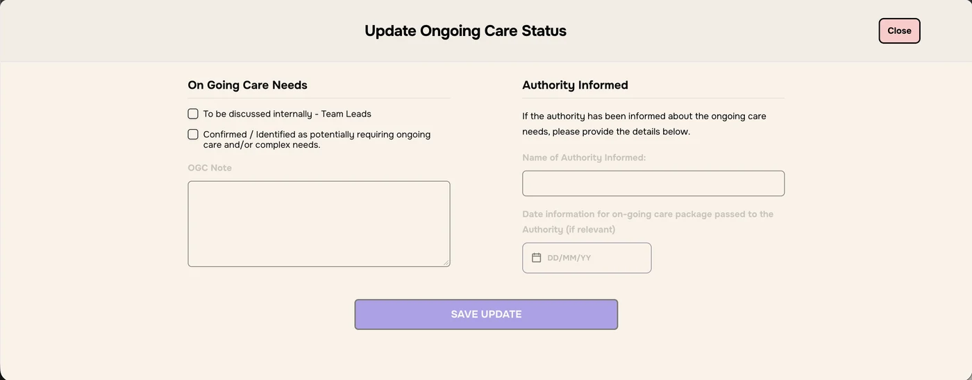 Update Ongoing Care Status with nothing ticked and SAVE UPDATE greyed out