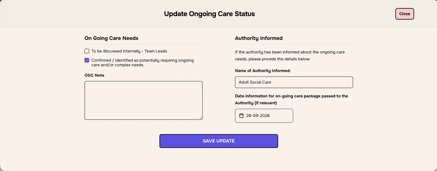 Confirmed ticked, with Adult Social Care as the authority informed and 28-09-2026 as the date passed on