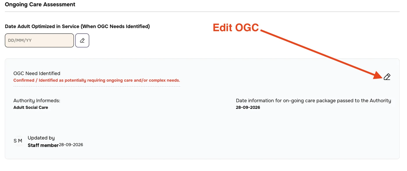 OGC Need Identified card with authority, date passed on and Updated by, and an arrow labelled Edit OGC pointing to the pencil icon
