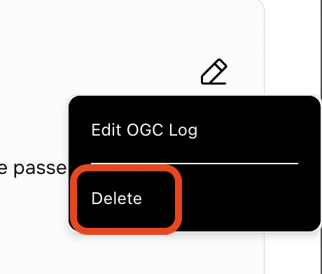 Menu with Edit OGC Log and Delete, Delete highlighted