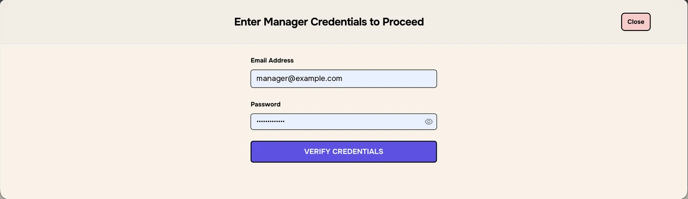 Enter Manager Credentials to Proceed, with email address, password and VERIFY CREDENTIALS