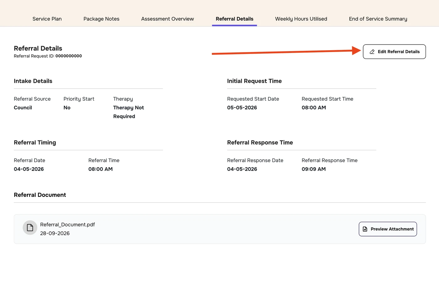 Referral Details tab with an arrow pointing to Edit Referral Details