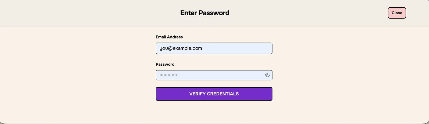 Enter Password window with Email Address, Password and VERIFY CREDENTIALS