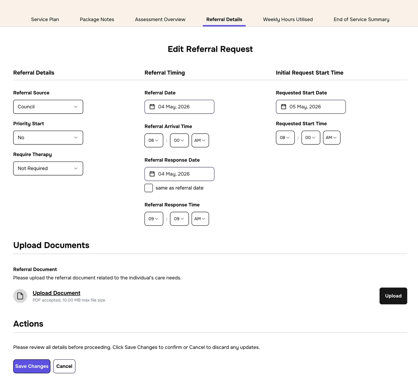 Edit Referral Request form with Referral Details, Referral Timing, Initial Request Start Time, Upload Documents, and Save Changes and Cancel buttons