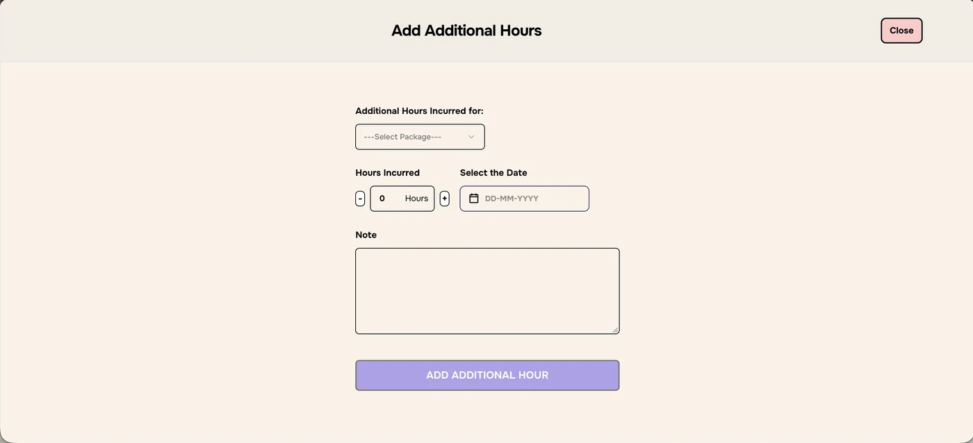 Add Additional Hours form with Additional Hours Incurred for, Hours Incurred, Select the Date and Note