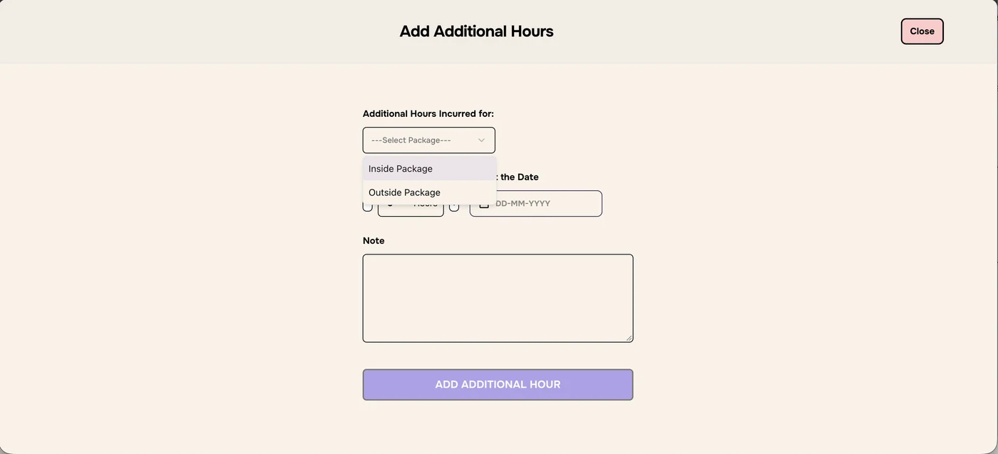 Additional Hours Incurred for menu open with Inside Package and Outside Package