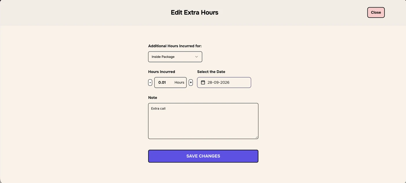 Edit Extra Hours form with Inside Package, 0.01 hours, date 28-09-2026, a note and SAVE CHANGES