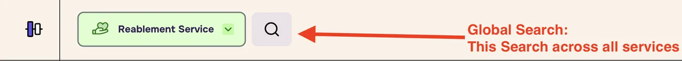 Top bar with an arrow pointing to the magnifying glass labelled Global Search: this search across all services