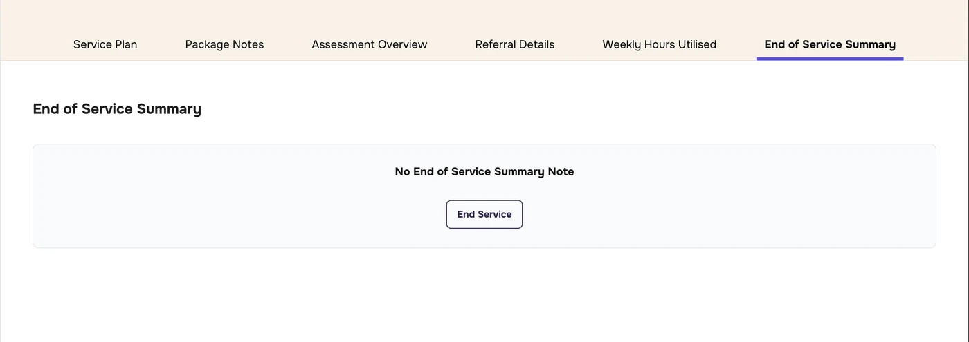 End of Service Summary tab with No End of Service Summary Note and an End Service button