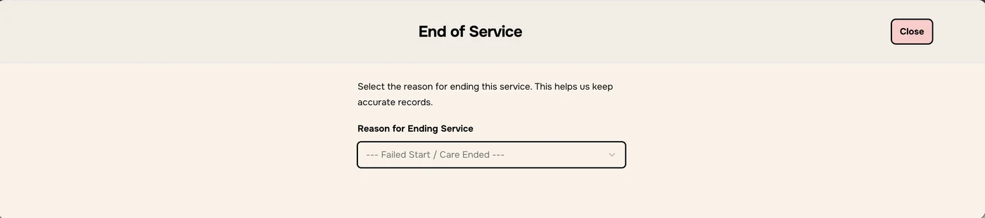 End of Service window with Reason for Ending Service