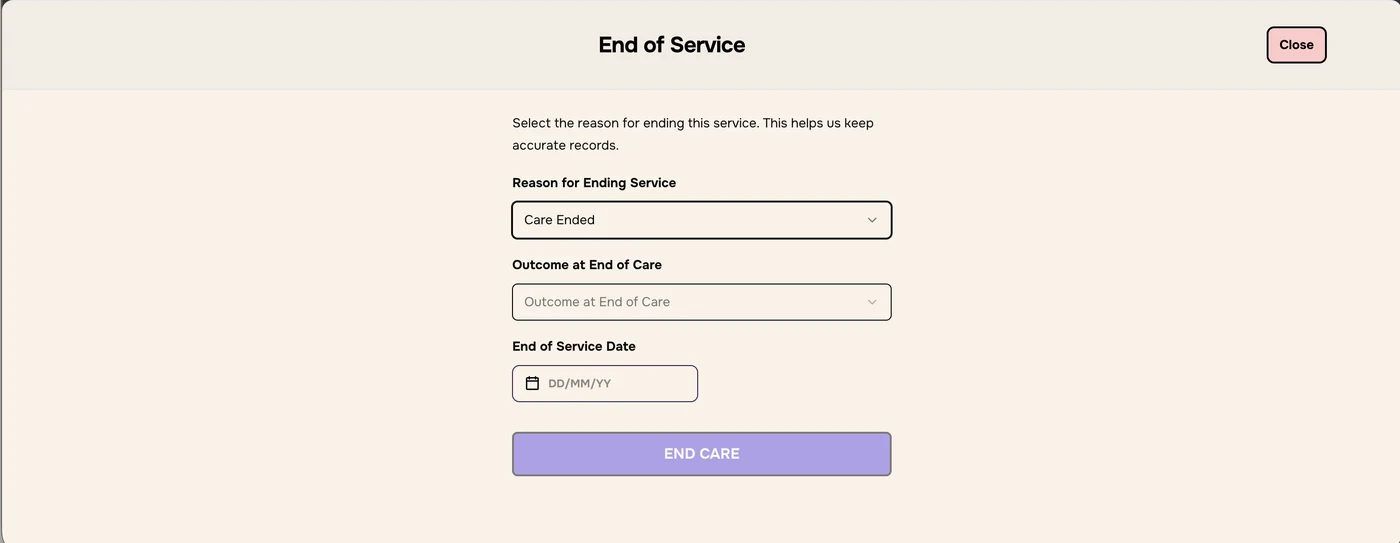 End of Service with Care Ended, Outcome at End of Care, End of Service Date and a greyed-out END CARE button