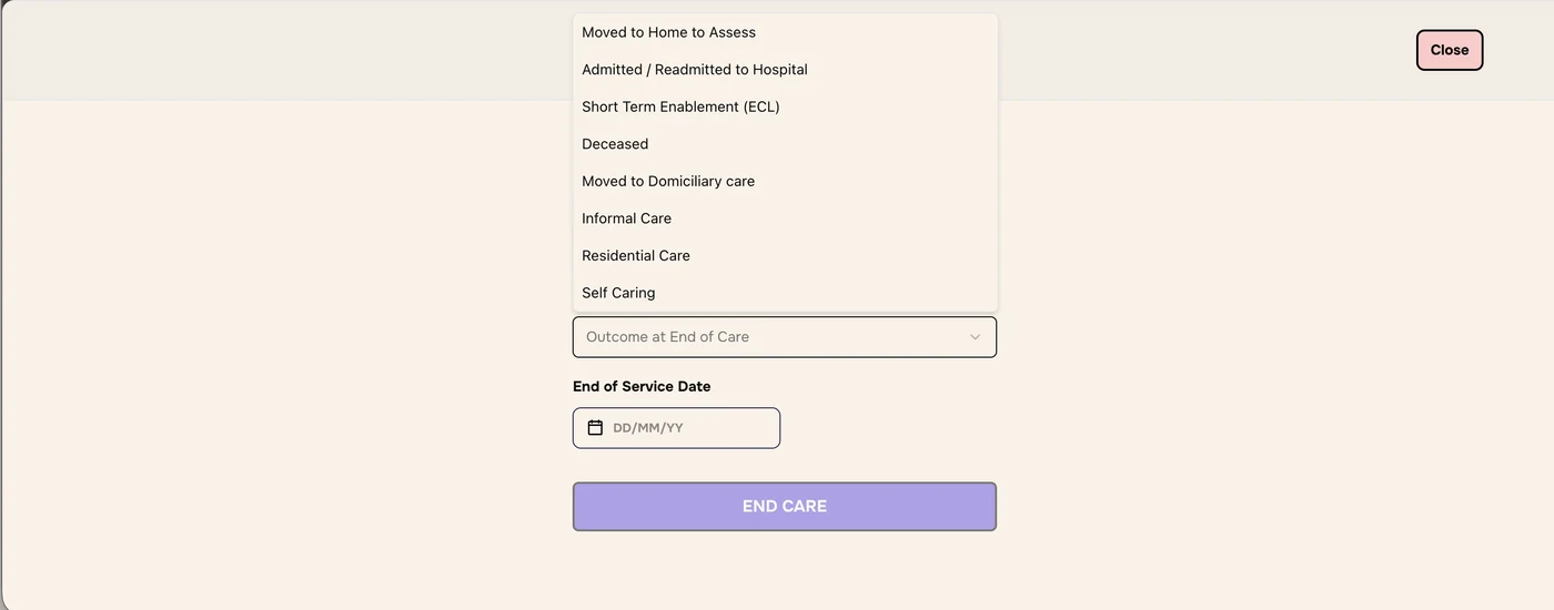 Outcome at End of Care menu open with eight outcomes