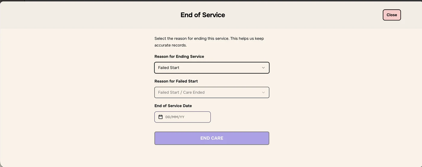 End of Service with Failed Start, Reason for Failed Start and End of Service Date