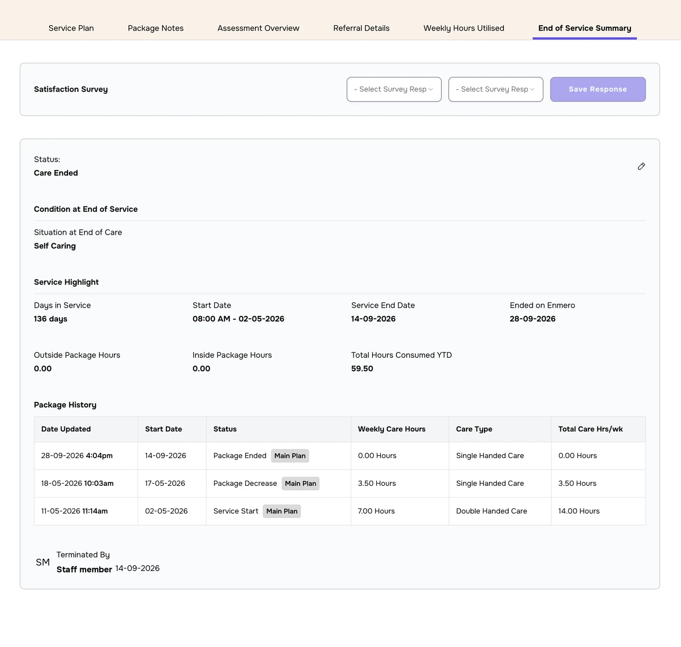 End of Service Summary showing Satisfaction Survey, Status Care Ended, Situation at End of Care Self Caring, Service Highlight, Package History and Terminated By