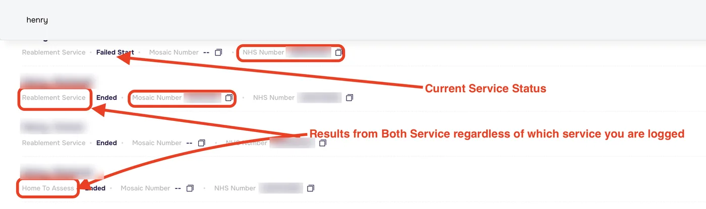 Global search results for henry, showing results from Reablement Service and Home To Assess with status, Mosaic number and NHS number