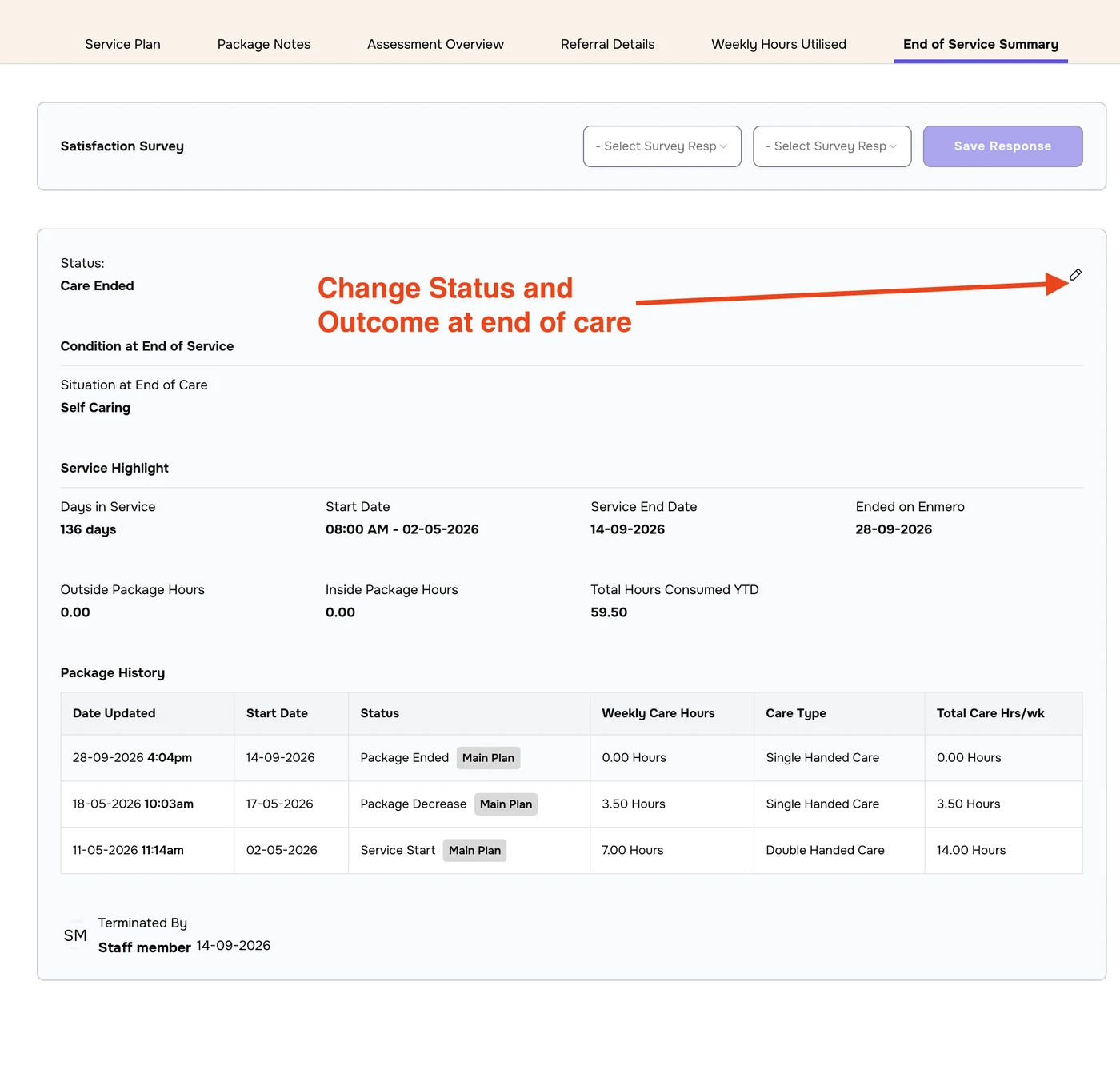End of Service Summary with an arrow to the pencil icon, labelled Change Status and Outcome at end of care