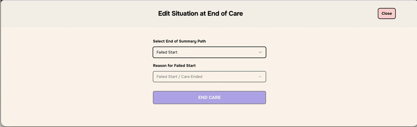 Edit Situation at End of Care with Failed Start and Reason for Failed Start