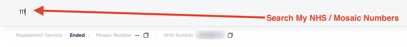 Global search with 111 typed, matching a record by its NHS number