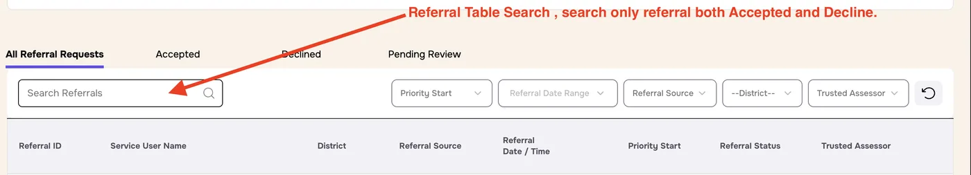 Referral Manager table with the Search Referrals box and filters