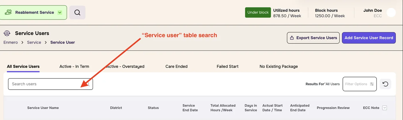 Service Users page with an arrow pointing to the Search users box