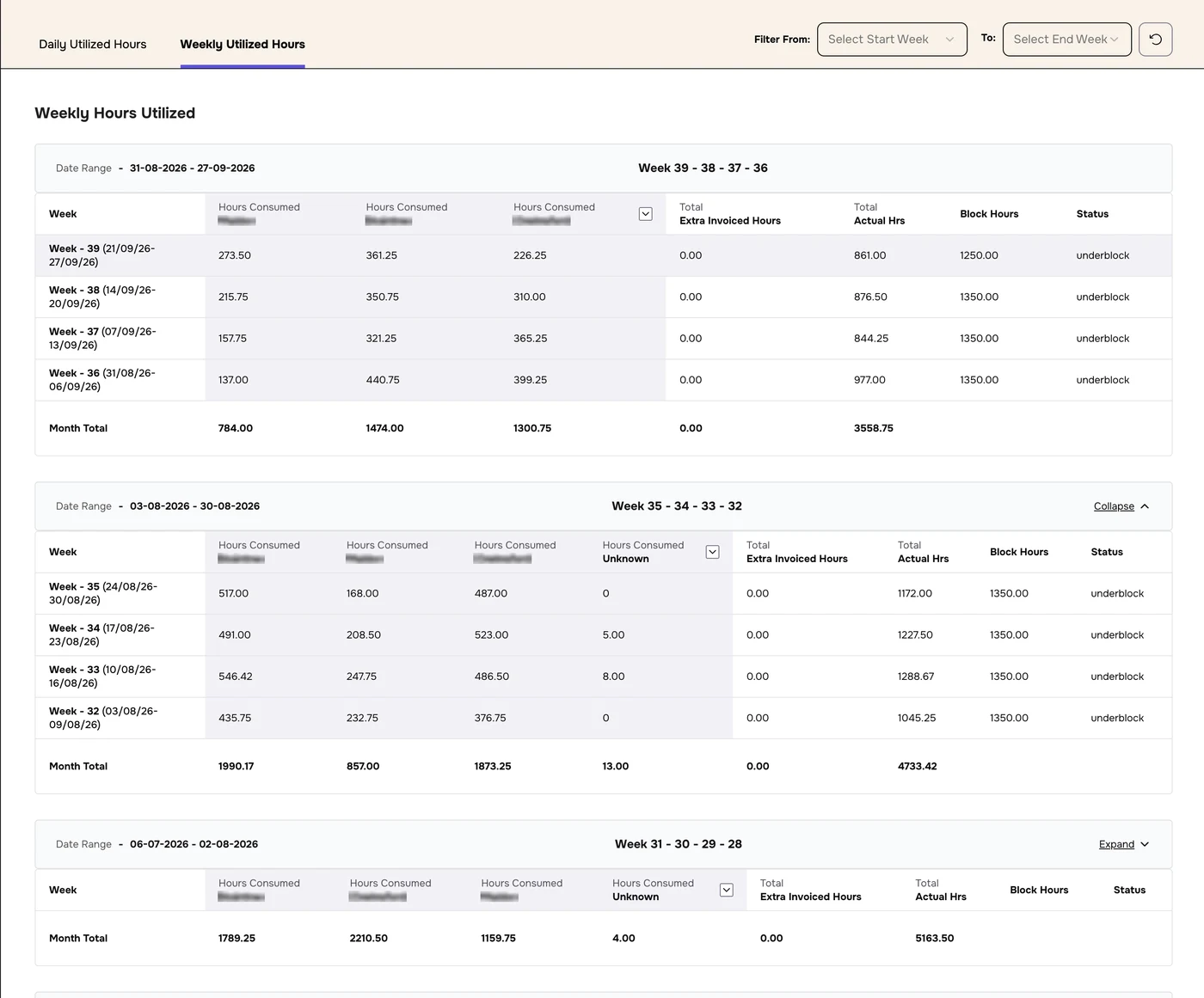 Weekly Utilized Hours grouped in four-week blocks with Month Total rows