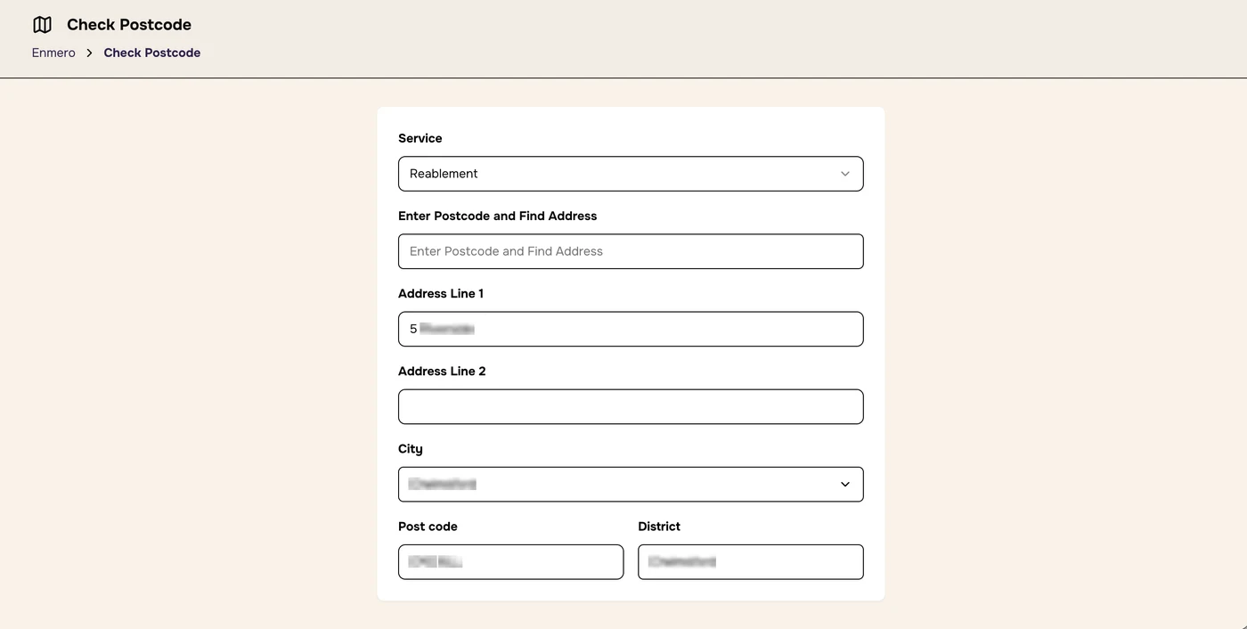 Check Postcode form with Service, Enter Postcode and Find Address, address lines, City, Post code and District
