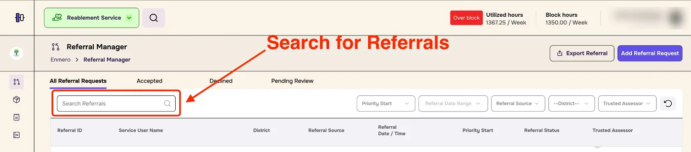 Referral Manager with the Search Referrals box highlighted