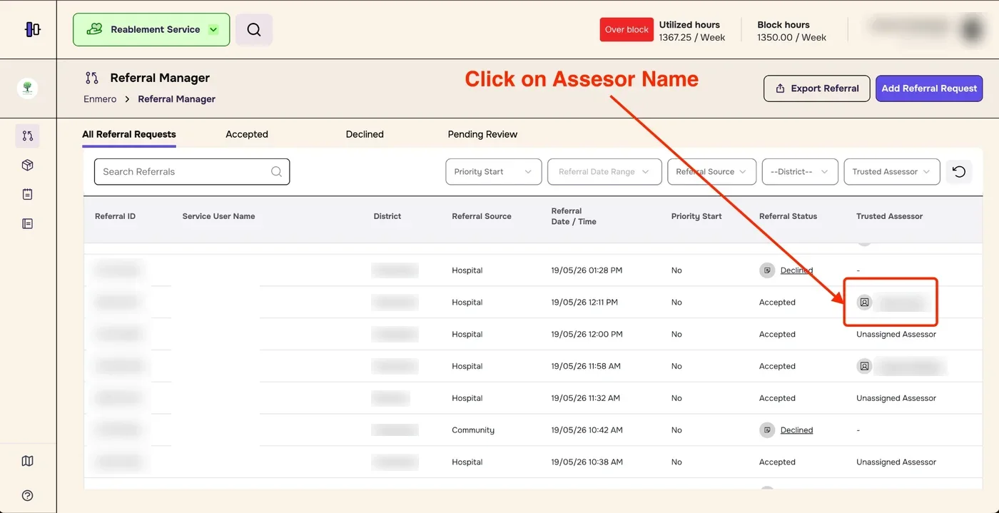 Referral table with an arrow pointing to an assessor name in the Trusted Assessor column