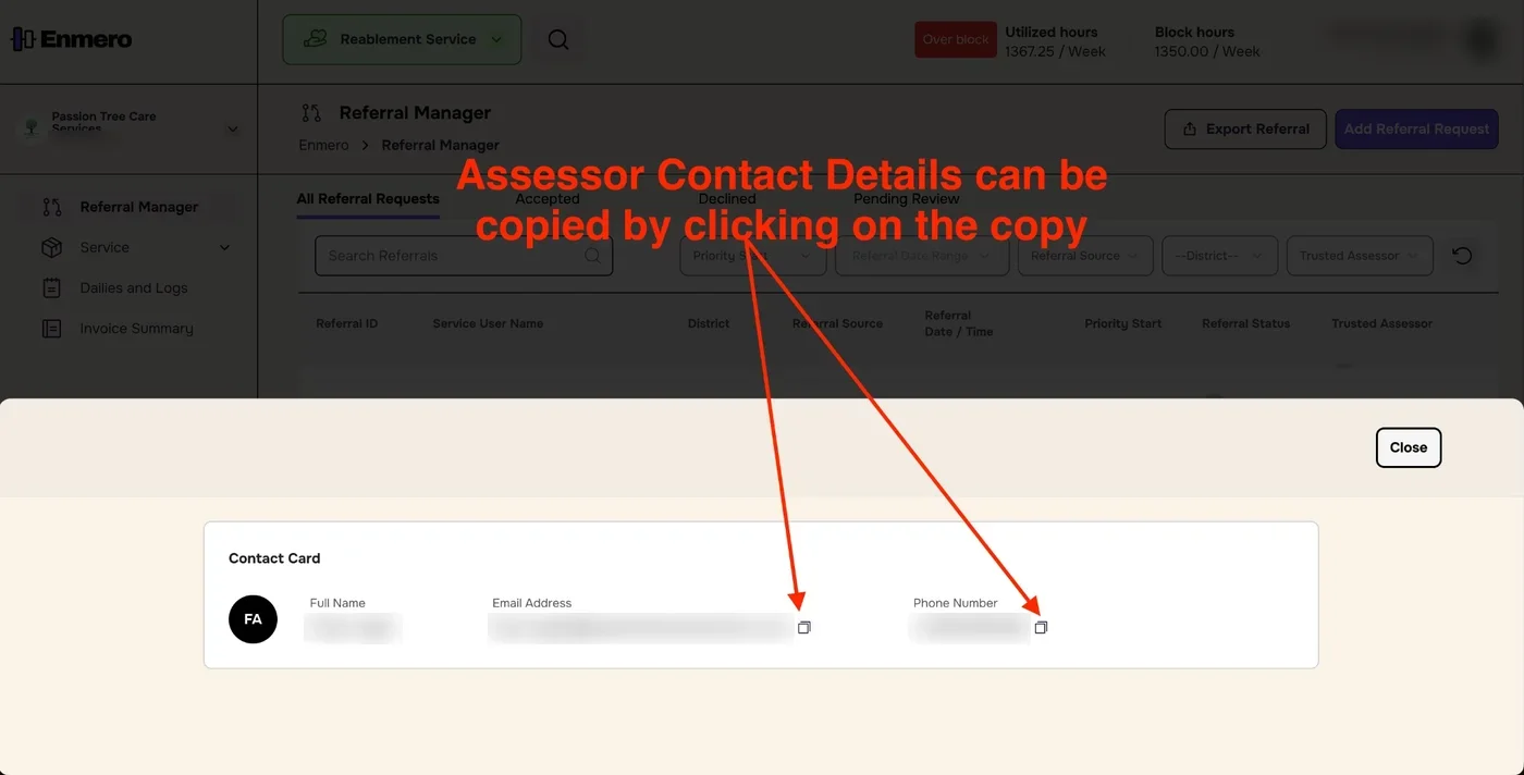 Contact Card showing full name, email address and phone number with copy icons