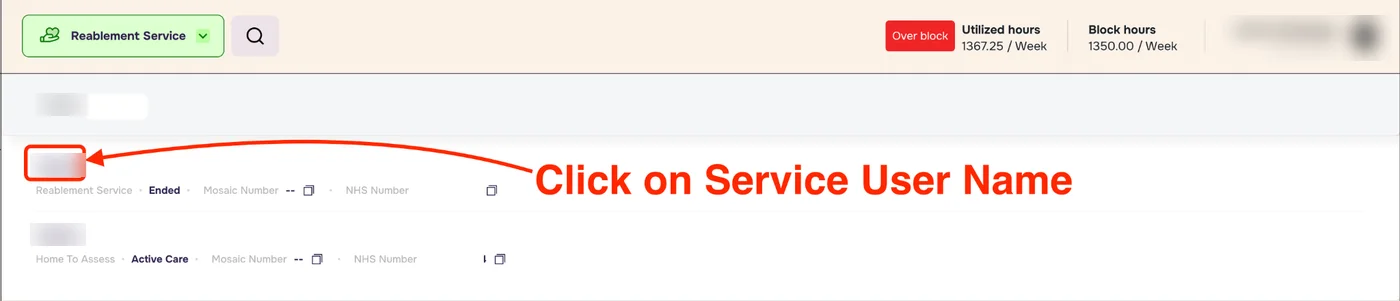 Global search results with an arrow pointing to a service user name