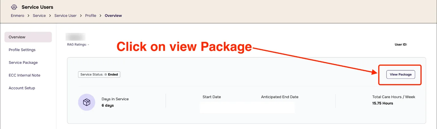 Service user Overview page with the View Package button highlighted